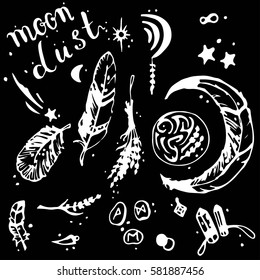 Hand drawn vector doodle "Moon dust". Illustration set moon, feathers, runes, stars, symbols. Vintage decoration for postcards background.