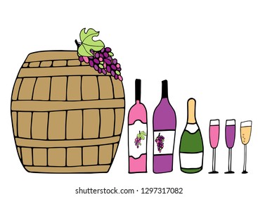 Hand drawn vector doodle pattern with Barrel,  wine glasses, bottles with red wine and sparkling wine, grapes. Wine party
