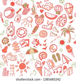 Hand drawn vector doodle pattern of summer and media elements. Seamless pattern.