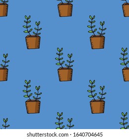 Hand drawn vector doodle pattern with cute potted cactus. Colorful vector illustration isolated on blue background. Design for wrapping paper, textile, postcards, scrapbooking and printed materials.