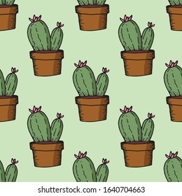 Hand drawn vector doodle pattern with cute potted cactus. Colorful vector illustration isolated on green background. Design for wrapping paper, textile, postcards, scrapbooking and printed materials.