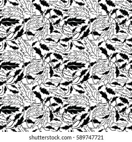 Hand Drawn Vector Doodle Pattern. Black and White. Feather Pattern. Monochromatic Background.