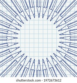 Hand drawn vector doodle pencils blank frame. Art and drawing blue crayon stationary border over chequered notebook page.