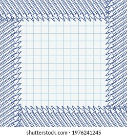 Hand drawn vector doodle pencils blank frame. Art and drawing blue crayon stationary border over chequered notebook page.
