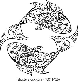 Hand drawn vector doodle pisces illustration. Decorative ornate fish drawing