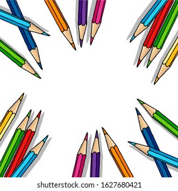Hand drawn vector doodle scattered color pencils blank frame. Art and drawing multicolor crayon stationary border isolated over white.