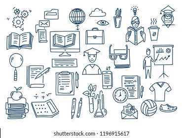 Hand drawn vector doodle school icons and symbols.