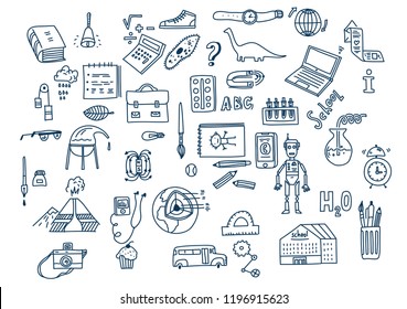 Hand drawn vector doodle school icons and symbols.