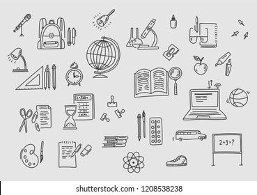 Hand drawn vector doodle school icons and symbols.