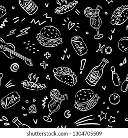 Hand Drawn Vector Doodle Seamless Pattern Of Food, Drinks, Party, Bowling, Music Fest. Food Sketch Black Pattern In Vector For Your Designs - Burger, Hot-dog, Taco, Lemonade, Cocktail, Party Elements.