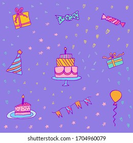 Hand drawn vector doodle seamless pattern set collection background. Cake, cupcake, balloon, confetti, sweets, candy, hat, bunting flags garlands. holiday, birthday, party, wallpaper, wrapping paper