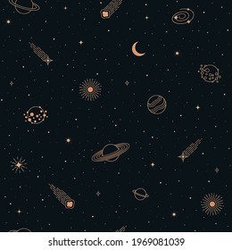 Hand drawn vector doodle seamless pattern of Space symbols and objects. Cartoon sketch background for textiles, banner, wrapping paper and other designs.