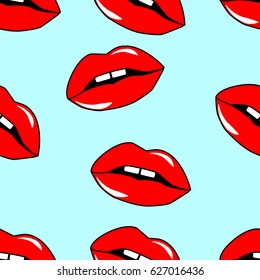 Hand drawn vector doodle seamless pattern - cartoon red lips on the blue backround. Female red closeup lips. Makeup 80s-90s style.