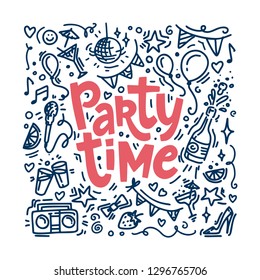 Hand drawn vector doodle set, adult night out, birthday party, celebration concept. Isolated elements with party time sign 