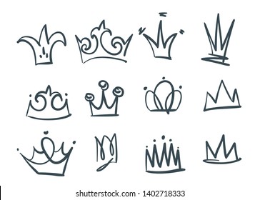 Hand drawn vector doodle set of crowns, isolated on white background.