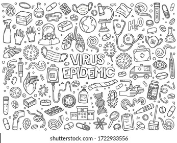 Hand drawn vector doodle set of Coronavirus Covid-19 outbreak and other virus epidemics. Ink style sketch illustration with Healthcare and quarantine symbols.