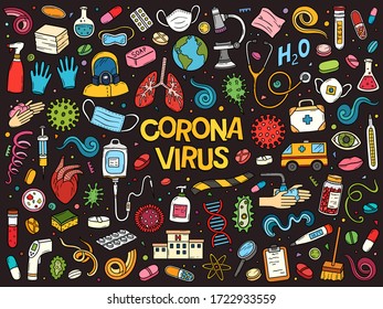 Hand drawn vector doodle set of Coronavirus Covid-19 outbreak. Colorful sketch illustration with Healthcare and quarantine symbols.