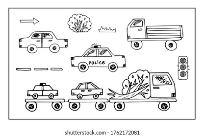 Hand drawn vector doodle set of transport and related parts on the road, namely a truck with a trailer-platform, car, police, dump truck, traffic light, road markings and greens on the side.