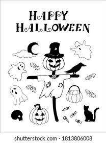 
Hand drawn vector doodle set in black with illustrations of scarecrow, pumpkin, ghosts, cat, bats, skull, moon, candy, lettering happy halloween on white background.