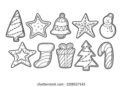 Hand drawn vector doodle set of gingerbread Christmas cookies in black outline for kids coloring book illustrations.
