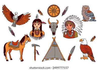 Hand drawn vector doodle set with native american indians, tambourine, wigwam, tomahawk and North America fauna.