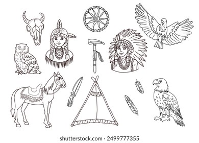 Hand drawn vector doodle set with native american indians, tambourine, wigwam, tomahawk and North America fauna.