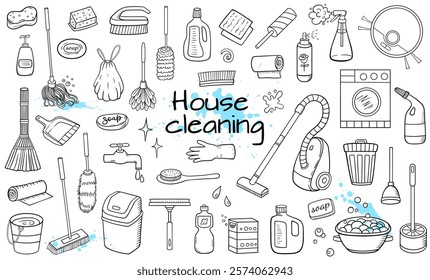 Hand drawn vector doodle set of cleaning tools on a white background. House and home cleaning themed set.