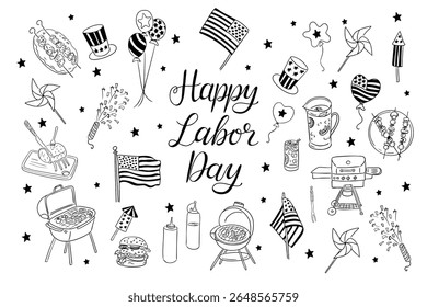 Hand drawn vector doodle set for Labor Day celebration with barbecue, flags, balloons, fireworks, and festive food. Concept of American holiday, summer party, and patriotic gathering