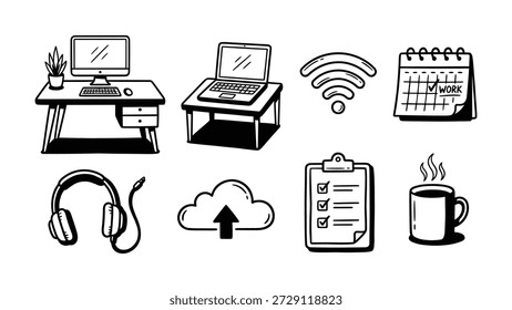 Vetor desenhado à mão doodle conjunto de trabalho de ícones de casa. Ilustrações de mesa de computador, laptop, wifi, calendário, fones de ouvido, nuvem, lista de verificação e café. Esboço de arte de linha para freelance e estudo.