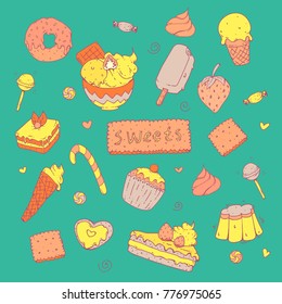 Hand drawn vector doodle set of sweets and desserts, colored on green background