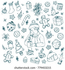 Hand drawn vector doodle set of Christmas theme icons, 