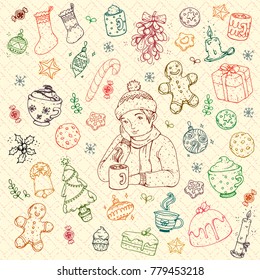 Hand drawn vector doodle set of Christmas theme icons, colorful on warm pattern