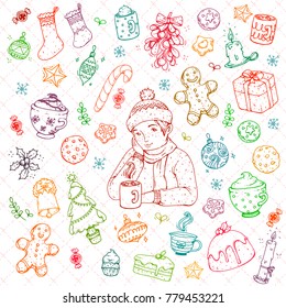 Hand drawn vector doodle set of Christmas theme icons, colorful lines