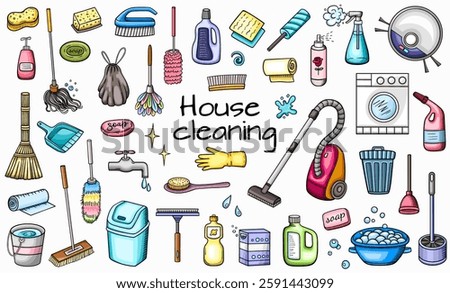 Hand drawn vector doodle set of cleaning tools on a white background. House and home cleaning themed set.