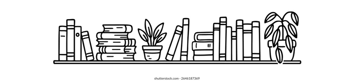 Hand drawn vector doodle showcases a bookshelf. It is filled with books, both stacked and standing. Potted plants also rest on the shelf, creating a simple artistic vibe