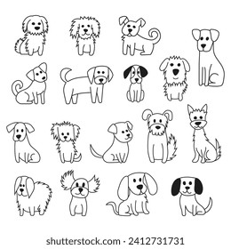 Perros dibujados a mano vectoriales de dibujo de doodles. Personajes de mascotas graciosas