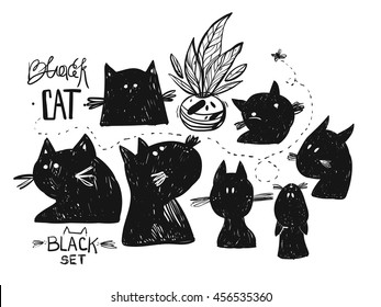 Hand drawn vector doodle sketched silhouette of black cat.Cards set collection isolated on white background.Design elements for home decor,sign,halloween background,greeting cards,poster,logo