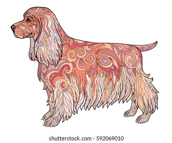 Hand drawn vector doodle spaniel dog. Ethnic animal illustration for tattoo, poster or t-shirt print isolated on white. Vector isolated on white.