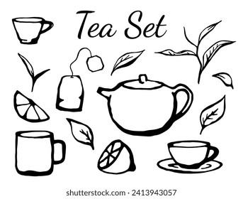 Hand drawn vector doodle tea set with teapot, cups, tea leaves and lemon. Vector illustration isolated on white background.