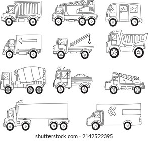 Hand drawn vector doodle truck set isolated on white background