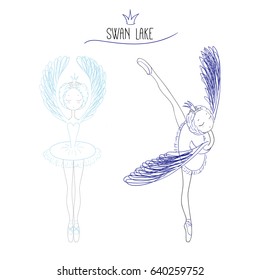 Hand drawn vector doodle of two beautiful ballerinas in white dancing Swan Lake, with text. Isolated objects on white background. Design concept for children - poster, postcard, T-shirt print.