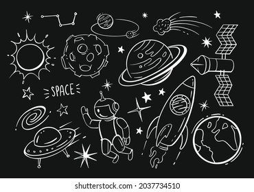 Hand drawn vector doodles cartoon set of space on black background.