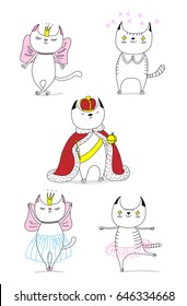 Hand drawn vector doodles of cute funny cats - a cat in love with a princess, with hearts, a king in a crown, dancing ballet. Isolated unfilled outlines. Design concept for children - poster, postcard