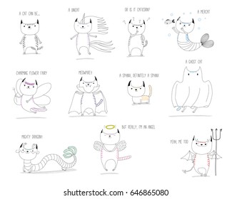 Hand drawn vector doodles of cute cats as mythical creatures - unicorn, mermaid, fairy, vampire, sphinx, ghost, dragon, angel and devil, with text. Isolated unfilled outlines. Design concept for kids.