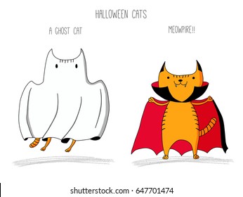 Hand drawn vector doodles of cute funny cats as ghost and vampire. Isolated objects on white background. Halloween design concept for children - poster, postcard, sticker, t-shirt, mug or bag print.