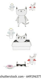 Hand drawn vector doodles of cute cat with his inner angel and devil, looking innocent in a box, stealing a donut. Isolated objects on white background. Design concept for children - t-shirt print.