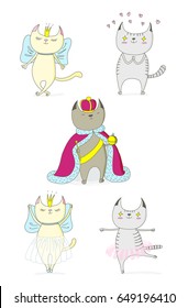 Hand drawn vector doodles of cute funny cats - a cat in love with princess, with hearts, a king in a crown, dancing ballet. Isolated objects on white background. Design concept for children - poster.