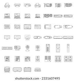 Doodles vectoriales dibujados a mano. Conjunto de iconos de Doodle aislado de Computadora y Gadgets