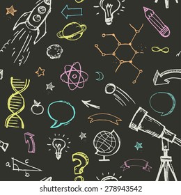 Doodles vectoriales dibujados a mano - patrón de educación, ciencia y aprendizaje