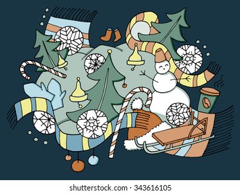 Hand drawn vector doodles elements background. Abstract decorative winter illustration. Winter objects: christmas tree, snowman, scarf, snowflake, mittens, coffee to go, sweets, jingle bells, sleigh.